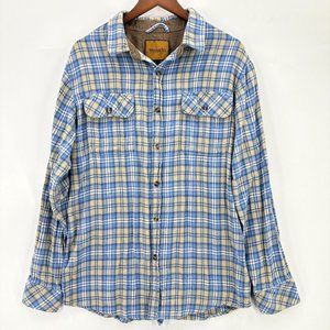 Venado Shirt Mens Button Down Long Sleeve Flannel Plaid Cotton Blue Beige L
